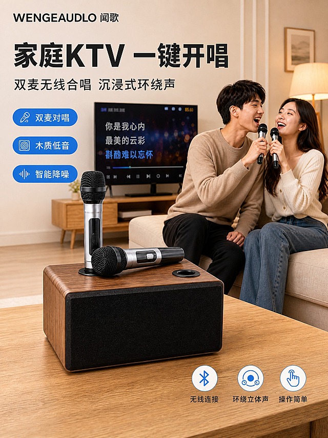[主图-1] 商品识别/核心利益：家庭KTV一键开唱，展示产品全貌与核心场景氛围。
[统一基调] 风格=现代简约科技家居风；背景主色=暖米灰+木色；标题字色=深炭灰；辅助字色=中暖灰；强调色=科技蓝；字体=粗黑无衬线简体中文+简洁无衬线正文；组件=圆角信息卡、胶囊标签、细线图标。
[画面] 使用【图2】木纹款家庭K歌音响一体机+双无线话筒。3:4竖版构图，产品位于画面中下偏左，3/4视角，木纹箱体+黑色喇叭网罩清晰可见，两支话筒一支立在充电座上一支横放箱体顶部。背景为温馨客厅场景，右侧沙发上一对年轻亚洲夫妻手持话筒开心对唱，背景电视显示K歌界面，暖光落地灯营造氛围。左上角放品牌Logo"WENGEAUDLO 闻歌"。产品占画面约45%，人物自然真实，场景有层次感。
[光影质感] 商业摄影质感，左前侧暖柔光，产品面清晰有立体感，木纹纹理和喇叭网罩质感真实，接触阴影自然，场景光影统一。
[配色] 主色暖米灰+木色，强调色科技蓝用于标签和图标，标题深炭灰，正文中暖灰，场景色为环境色不抢主体。
[文字版式] 左上主标题"家庭KTV 一键开唱"，副标题"双麦无线合唱 沉浸式环绕声"，左侧三个圆角胶囊卖点竖排："双麦对唱"、"木质低音"、"智能降噪"，底部三个小图标标签："无线连接"、"环绕立体声"、"操作简单"。文字全部横排，放在负空间，不遮挡主体和人脸。
[输出要求] 3:4竖版，1536x2048，2K，文字清晰可读，产品清晰不变形，无错字，无平台Logo，无水印，无竖排文字。