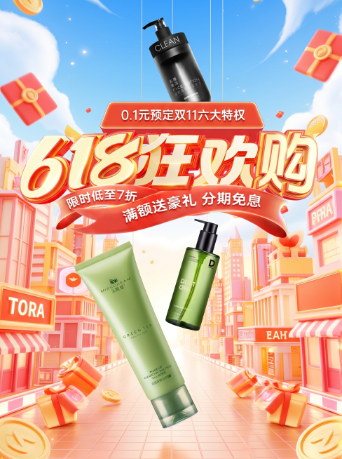 融合标题文字及三个产品图于背景图中，生成3:4的高清场景海报，保持海报背景图不变，产品悬空从近到远预览效果