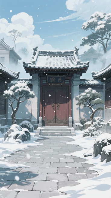 二次元古风，下雪，庭院，正面特写官府大门，地板，树，凹凸地板，房子，雾气，云，浅蓝色，细节丰富，元素多样，9:16,不要人物，生预览效果