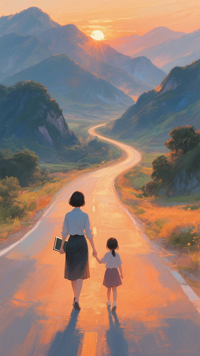 水彩风插画，老师牵手小女孩漫步山间，夕阳映照，梦幻温馨，印象派色彩渲染。