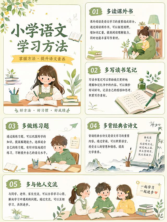 基于原图修改，保留原图所有文字内容不变，重新修改文字排版、字体和颜色，修改内图插画，适当添加少量符合小学语文学习主题的插画，整体采用清新高级的风格，整组风格保持统一，每页标题字体配色和所有页面保持一致，生成全新图片，图片比例为3:4