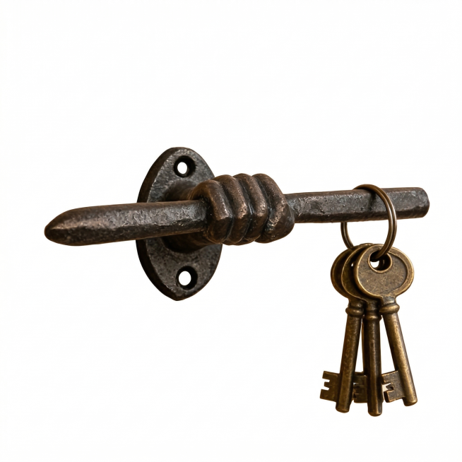 基于参考图中的复古铸铁钥匙挂钩，生成纯白底首图，产品主体居中放置，占画面比例85%以上，保留古铜色铸铁的做旧纹理细节，钥匙可正常悬挂在挂钩上，无多余装饰、无文字，背景为纯#FFFFFF白色，产品外观与预览效果