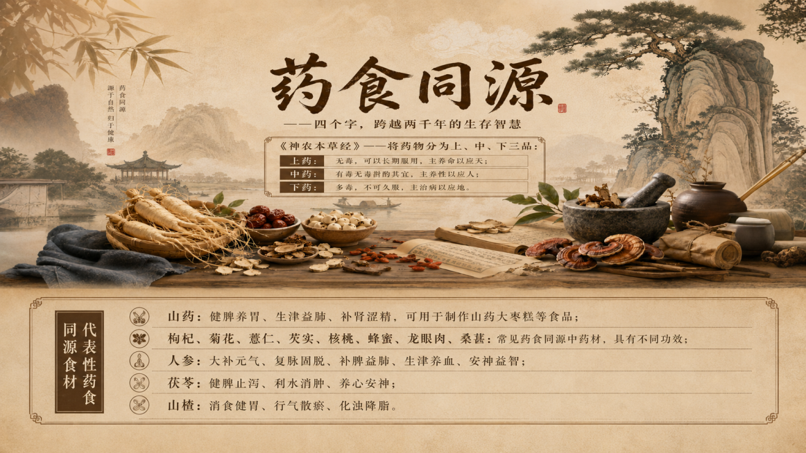 在扩图后的图片下方空白区域，添加代表性药食同源食材介绍文字：代表性药食同源食材：山药：健脾养胃、生津益肺、补肾涩精，可用于制作山药大枣糕等食品；枸杞、菊花、薏仁、芡实、核桃、蜂蜜、龙眼肉、桑葚：常见药预览效果