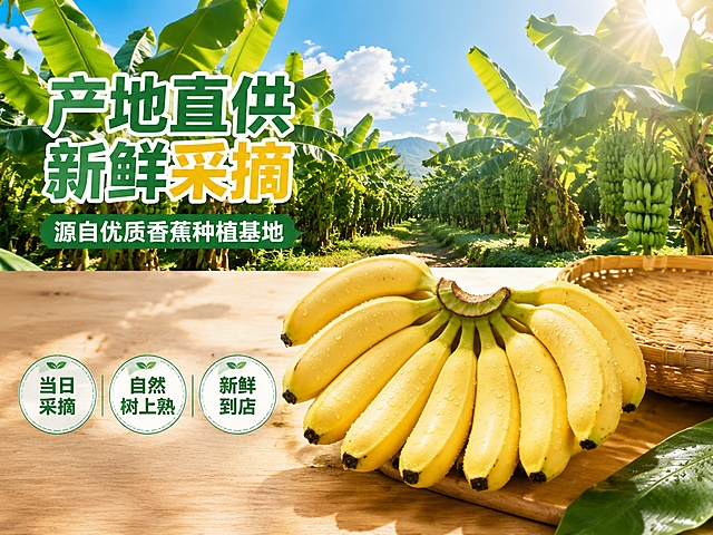 [第3屏] 产地/品质-产地直供新鲜采摘专屏。
[氛围/风格] 自然田园风，绿色清新，商业摄影质感，突出产地原生态。
[元素布局] 画面上半部分为香蕉园实景，成片香蕉树、蓝天白云、阳光洒落，占屏约50%；下半部分浅木色台面摆放带水珠的新鲜小米蕉（外观与输入图一致），旁边放竹篮和蕉叶；产地元素大且占主画面。
[光影质感] 自然光效，阳光从右上方斜射，树影斑驳，蕉皮水珠反光，田园氛围感强。
[配色色系] 全局底色 #F5FFE8（浅嫩绿）；主色蕉叶绿 #228B22；辅助色香蕉金黄 #FFD700、天空蓝 #87CEEB。
[视角构图] 上下分屏构图，上场景下产品，阅读动线从上到下。
[文字版式] 上部场景叠加产地标题「产地直供 新鲜采摘」，副标题「源自优质香蕉种植基地」；下部产品旁配三个圆形标签：「当日采摘」「自然树上熟」「新鲜到店」；圆角黑体，字色深绿+金黄。
[比例分辨率] 4:3 横版比例，4K 分辨率，文字清晰可辨，高清画质。
[负向提示词] 香蕉变形，颜色偏差，水印，文字错乱，产地场景虚假，产品模糊。