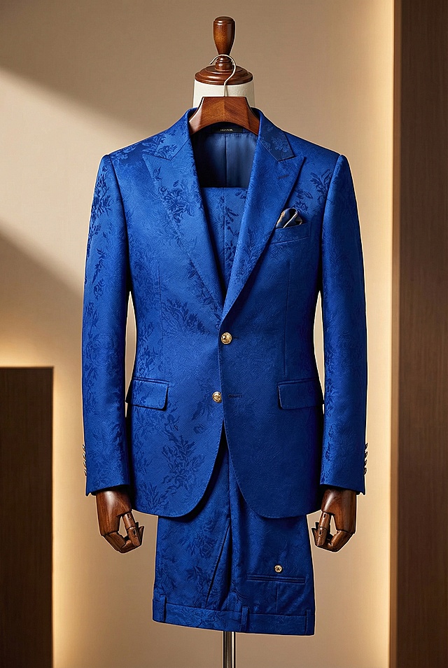 以图1的布料和材质制作一套职业男士西服，颜色不变，非常帅气，高端不要人物，庄重，高级感