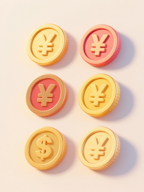 6个不同配色、不同样式、不同材质的金币造型，采用上下两行对齐排列，每个金币具有立体感和光泽感，呈现出促销氛围，背景为浅色，整体构图简洁明了，突出金币的视觉效果，营造出喜庆、优惠的感觉。预览效果