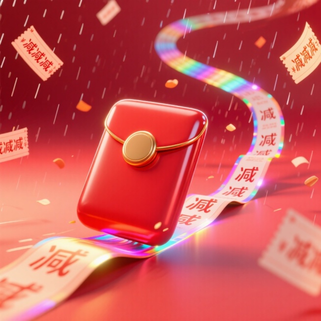 一个红色立体红包，后面有镭射光效线。行驶在写满 “减减减” 的超长优惠券雨的螺旋形路径上。大红色渐变背景。预览效果