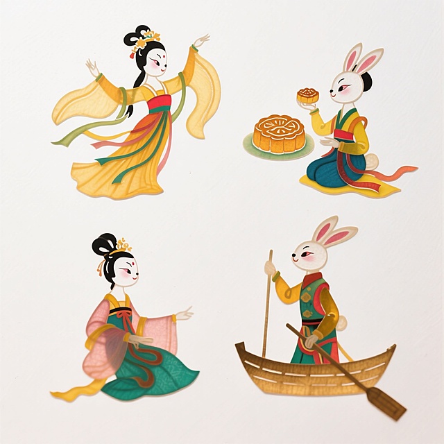 4个明亮的彩色拟人化玉兔版嫦娥素材（2X2规整排布），带有不同动作：1、跳舞，2、吃月饼，3、坐着，4、划船。纯白色背景