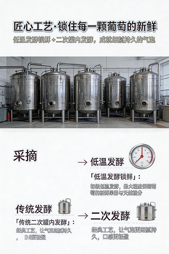 原料工艺页：主标题“匠心工艺・锁住每一颗葡萄的新鲜”加粗，副标题“低温发酵锁鲜 + 二次罐内发酵，成就细腻持久的气泡”浅金色；上下分栏，上半部分为发酵罐实景图，背景浅灰色；下半部分文字区域，时间线式排版，箭头连接“采摘→低温发酵→二次发酵”流程，搭配温度计、发酵罐图标；文字内容：「低温发酵锁鲜」：初级低温发酵，最大程度保留葡萄的新鲜果香与天然糖分；「传统二次罐内发酵」：经典工艺，让气泡更细腻持久，口感更轻盈；色彩占比主色60%、辅助色30%、点缀色10%，留白率不低于30%，2K高清，竖屏2:3比例