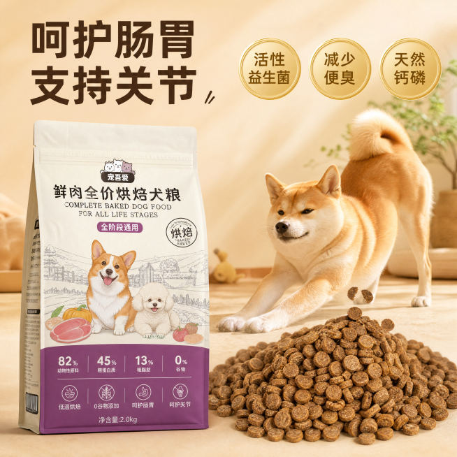 鲜肉全价烘焙犬粮肠胃关节健康卖点主图，温馨治愈宠物场景风格，商业摄影质感，光线柔和通透，产品清晰真实。画面左侧100%保留用户上传的原版犬粮包装袋，包装袋上所有文字图案信息完全不做任何修改，无任何变形预览效果