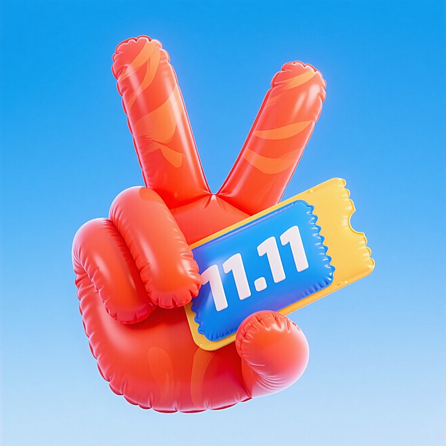 充气风3D手比V，持11.11票根，波普色彩碰撞，重拟物质感，喜庆促销趣味十足。