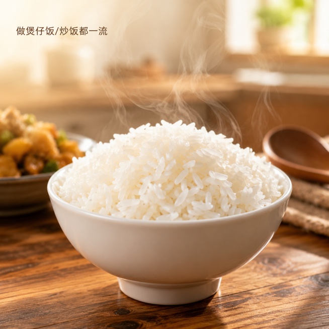 [主图-4] 广东丝苗米食用场景主图，展示热气腾腾出锅米饭，风格为温馨烟火气，原生态家常风格，要求商业摄影质感，光线柔和通透，食物清晰真实，浓郁食欲感。白色陶瓷碗盛满刚煮好的米饭，热气腾腾升腾，米饭颗预览效果