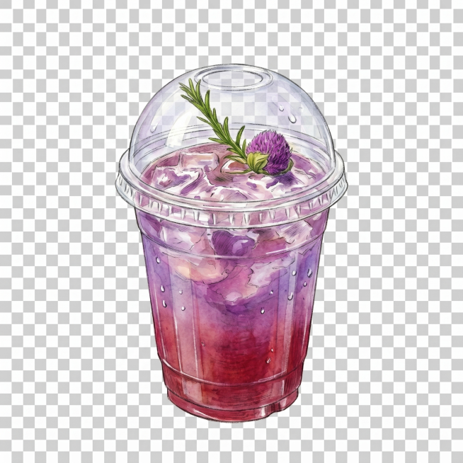将饮品容器改成统一的透明外卖塑料杯，保留原来的紫色渐变饮品、冰块和装饰花草迷迭香，保持手绘水彩风格，背景为透明，输出png格式预览效果