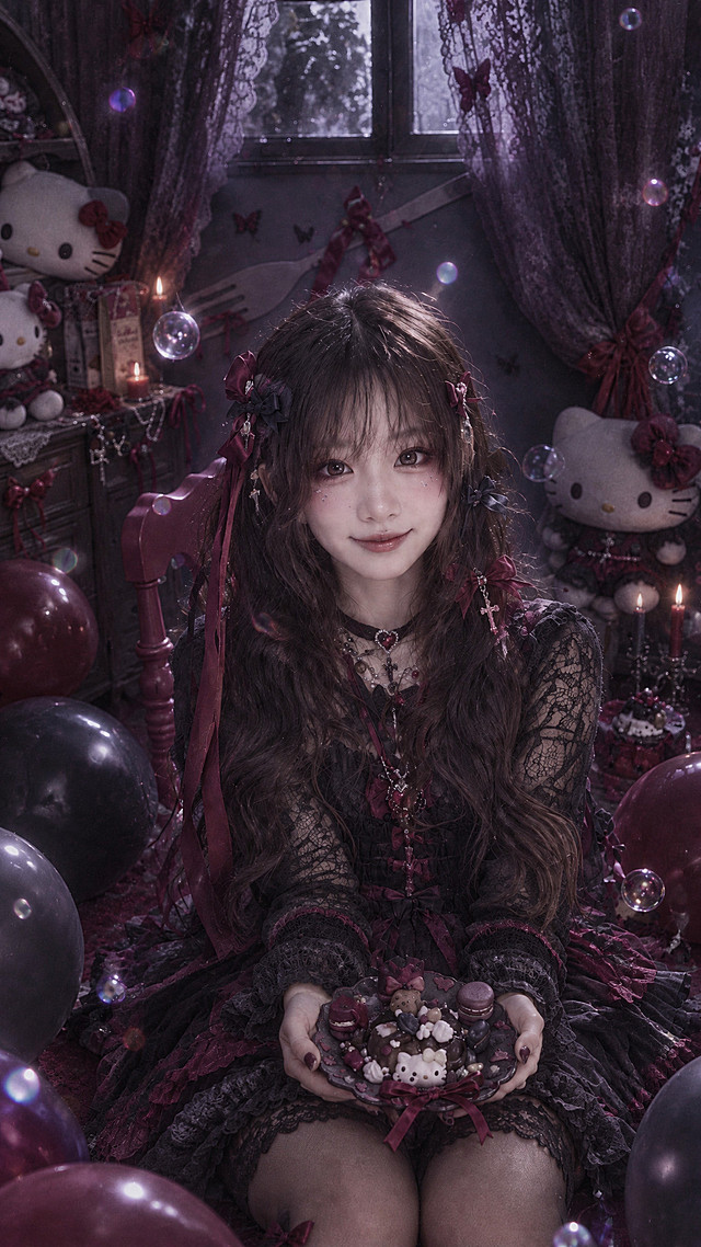 以参考图为基底，人物五官、脸型、肢体动作、构图、所有道具、家具、Hello Kitty玩偶、气球、椅子位置完全保留不改动，整体画面改为暗黑哥特风。色调换成暗紫+炭黑低饱和配色，柔和朦胧的暗调光影，弱化原图亮白光斑；环境氛围阴郁梦幻，冷调柔光，画面保留泡泡元素，把粉色软装转为暗黑色、深酒红、暗紫色，保留物体轮廓不变；人物服饰转为暗系洛丽塔，妆容改成暗黑甜丧感，暗红眼妆，腮红淡化；画质高清，画面物体不消失、不变形，仅更换色彩与氛围风格。