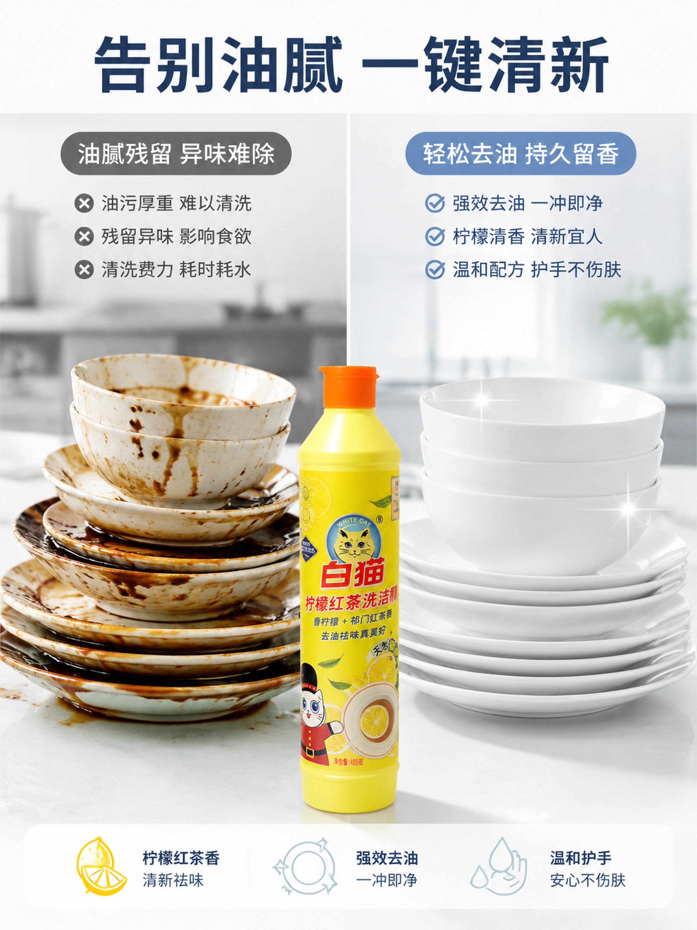 [第2屏] 痛点与效果对比-白猫柠檬红茶洗洁精。本屏使用【图1… - 图片创意预览