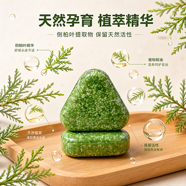 [主图-2] 侧柏叶护发皂核心成分解析。[氛围风格] 天然植萃科研感，干净通透简约。[画质] 商业摄影质感、光线柔和通透、产品清晰真实、画面干净高级。[元素] 两块绿白相间三角纹理护发皂放置在画面下方，产品周围环绕新鲜侧柏叶片和透明精油水滴，用纤细浅色引线指向产品，标注天然成分来源。保持产品外观与输入产品图绝对一致，杜绝任何变形和色差。画面整体干净整洁，满屏无边框，产品主体占比约50%，突出天然植物成分。[光影] 顶部柔光箱打光，整体均匀明亮，叶片和水滴形成自然高光，突出通透质感。[配色] 主色调为侧柏叶清新绿色，搭配浅米白底，自然干净低饱和。[视角构图] 平视角俯视构图，产品居下，成分元素居上，整体平衡不拥挤。[文字版式] 顶部居中大字文案“天然孕育 植萃精华”，深绿色粗体清晰易读；下方小字文案“侧柏叶提取物 保留天然活性”，绿色字号缩小一半，与主标题层次分明，文字不遮挡主体。[比例分辨率] 1:1比例，4k分辨率；文字清晰锐利，画面超高清。[负向提示词] 变形，水印，文字错乱，产品图模糊，背景杂乱。