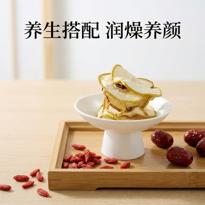 将背景替换为简洁的茶盘场景，添加枸杞、红枣等养生食材，突出"养生搭配 润燥养颜"的卖点，文字清晰醒目，留白透气预览效果