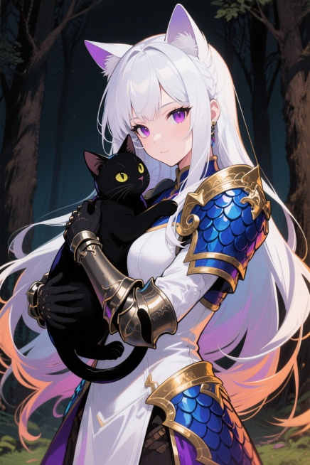 暗黑风格成人向动漫女孩，抱着黑猫，猫耳，白色长发，龙鳞盔甲，蓝金白紫配色，森林背景，暗调，戏剧光，超细节，暖光预览效果