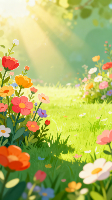 卡通风格母亲节海报背景，无文字，温馨风格，画面包含彩色花朵和绿色草地，带有温暖阳光，整体氛围柔和治愈，色彩明快清新，无人物预览效果