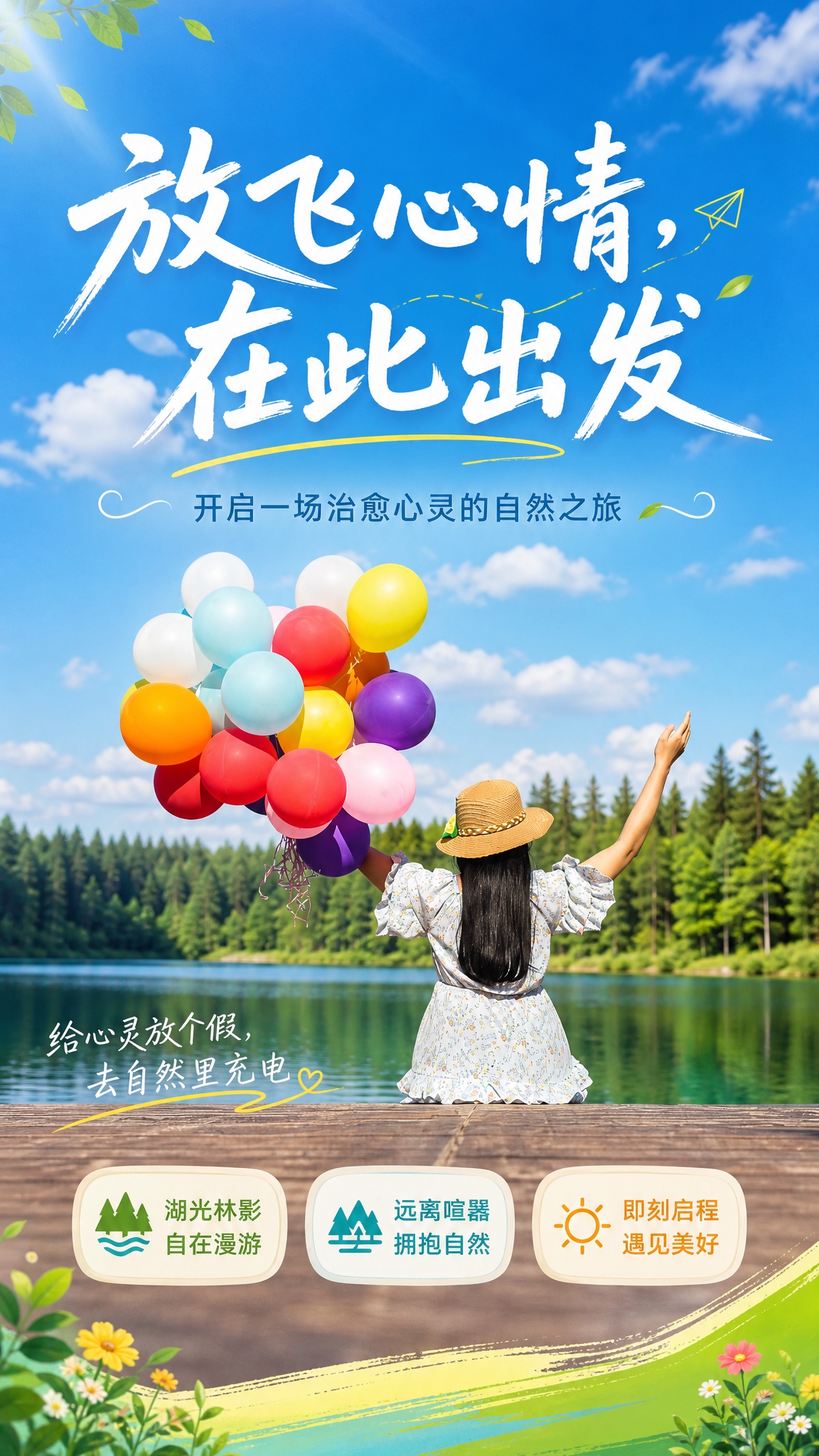 基于这张女孩手持彩色气球、坐在湖边望向蓝天森林的背影照片，制作… - 图片创意预览