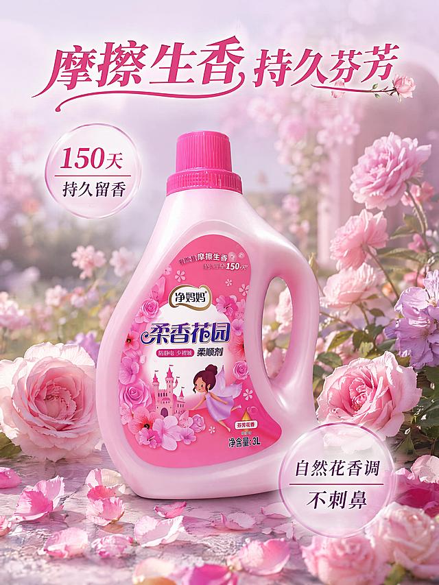 [第3屏] 卖点解析屏-净妈妈柔香花园柔顺剂花香芬芳卖点展示。本屏使用【图1】作为商品主体。
[氛围/风格] 清新浪漫花艺风，浅粉柔紫背景，自然花艺氛围，柔和细腻质感。
[元素布局] 产品居中放置，占比约60%，四周散落真实玫瑰、蔷薇花瓣，背景虚化渐变花园场景，突出产品的花香特质；产品瓶身结构颜色与原图保持完全一致。
[光影质感] 漫射自然光，花瓣投影柔和，瓶身高光通透，整体氛围温馨浪漫，层次感分明。
[配色色系] 全局底色 #F5EEF8；主色柔粉色，辅助淡紫色，点缀深粉花瓣。
[视角构图] 中心产品构图，花园背景虚化，景深效果突出主体产品。
[文字版式] 顶部主标题「摩擦生香 持久芬芳」，下方分两个信息点「150天持久留香」「自然花香调 不刺鼻」，文字分布在产品上下方，不遮挡瓶身主体。
[比例分辨率] 3:4 竖版比例，4K 分辨率，文字清晰可辨。
[负向提示词] 产品变形，包装文字错乱，花瓣杂乱，颜色偏差，文字过小，水印