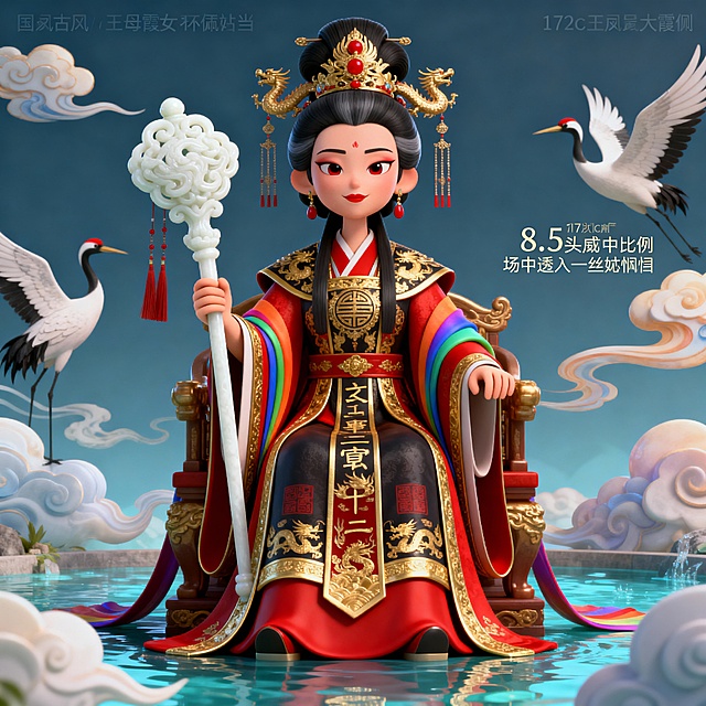 3. 王母娘娘（瑶池金母）服装：玄色十二章纹袆衣，金色滚边，头戴九龙四凤冠，手持白玉如意，肩披七彩霞帔外形：中年女子相貌，端庄威严，眉眼细长，唇色朱红，发髻高耸，身高172cm性格行为：威严不容侵犯，说话掷地有声，行动时环佩叮当，遵循天规但最终有一丝怜悯AI生图提示词：国漫3D卡通古风风格，天庭女神角色，玄色十二章纹袆衣，九龙四凤冠，手持白玉如意，端坐瑶池宝座，面容威严端庄，背景有仙鹤祥云，整体色调玄金红，服装华丽繁复，8.5头身比例，帝王气场