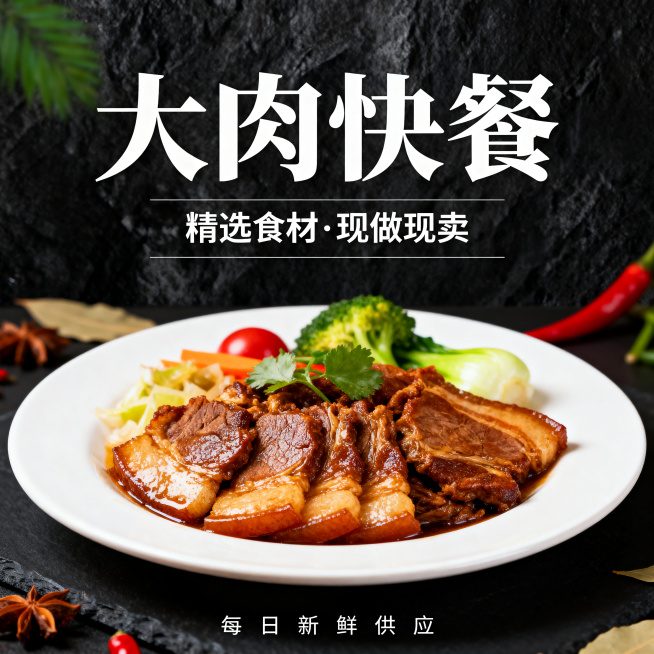 单张菜品海报，深色纹理质感背景，中式餐饮风格，包含食物实拍图和菜品名称，主体为大肉快餐，搭配蔬菜香料点缀，和参考图风格一致，文字是“大肉快餐”，排版清晰突出预览效果