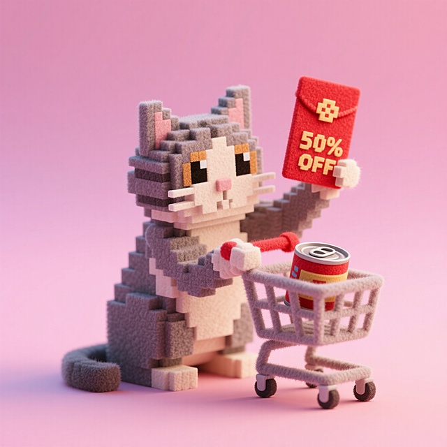 拟人英短猫蹲在地上，一只爪子举着印 “50% OFF” 的红色红包，另一只爪子搭着迷你购物车边缘（车里放着猫罐头），眼睛圆溜溜的；背景是粉色渐变