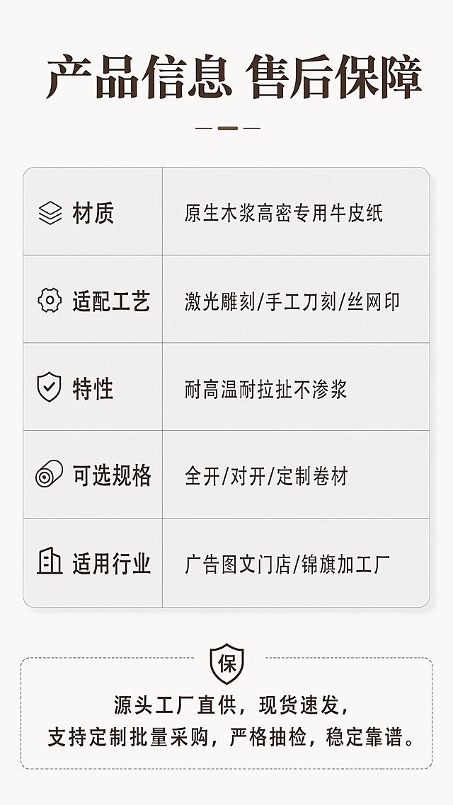 [第9屏] 产品参数与售后保障页。[氛围/风格] 简洁信息风，清晰展示参数与售后。[元素布局] 顶部产品名称，中部参数表格，底部售后文案，整体留白合理，信息分区清晰。参数严格按照用户提供信息列出，不添加虚构内容。[光影质感] 均匀柔光，文字清晰，表格线条干净。[配色色系] 全局底色 #F5F5F5；浅灰色信息卡底，深棕色文字。[视角构图] 纵向排版，从上到下依次阅读，信息分区明确。[文字版式] 顶部标题「产品信息 售后保障」；参数表格包含：材质原生木浆高密专用牛皮纸、适配工艺激光雕刻/手工刀刻/丝网印、特性耐高温耐拉扯不渗浆、可选规格全开/对开/定制卷材、适用行业广告图文门店/锦旗加工厂；底部售后文案：源头工厂直供，现货速发，支持定制批量采购，严格抽检，稳定靠谱。文字清晰，表格整齐，可读性强。[比例分辨率] 9:16 竖版比例，4K 分辨率，文字清晰可辨，高清画质。[负向提示词] 参数错误，文字错乱，排版拥挤，水印
