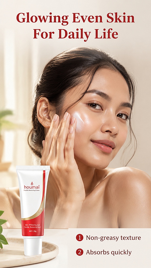 [第5屏] Southeast Asian model partial effect display for Houmai Freckle Removing Cream. This screen uses [image1] as product reference. Main title: "Glowing Even Skin For Daily Life". [Atmosphere/Style] Natural real life atmosphere, soft warm lighting, authentic local aesthetic. [Element Layout] Upper half: Southeast Asian female shoulder-up portrait, she is applying the cream to her cheek with clean fingers, skin looks bright and even. Bottom left: product tube placed naturally, product shape color and packaging consistent with input. Bottom right: two short numbered benefits: 1. "Non-greasy texture", 2. "Absorbs quickly". [Lighting & Texture] Soft natural window light, smooth skin texture, warm and comfortable. [Color Scheme] Global background #f9f3ef, main colors natural skin tone and product red-white, soft and harmonious. [Perspective & Composition] Upper model lower product, integrated layout, model and product naturally combined, not spliced. [Text Layout] All texts in English, main title at top, benefits at bottom right, text does not cover model face. [Resolution & Ratio] 9:16 vertical ratio, 4K resolution, high definition. [Negative Prompt] Deformed product, Chinese characters, exaggerated skin modification, distorted face, blurry product, watermark.