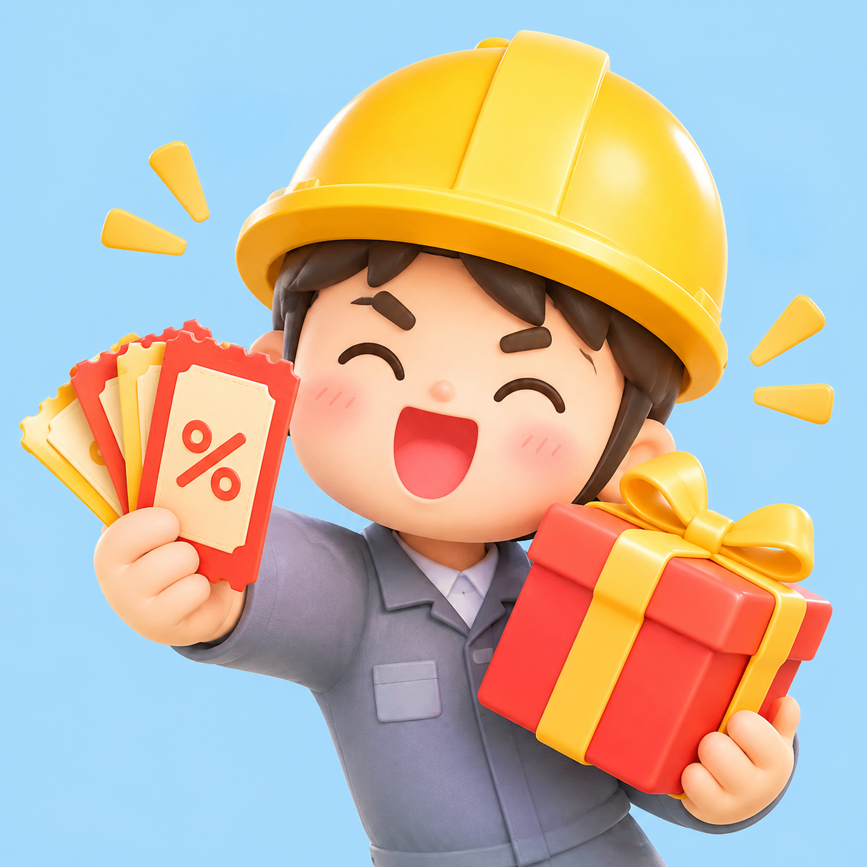 参考图中的戴黄色安全帽的工人IP形象，生成3D风格表情包，人物… - 图片创意预览