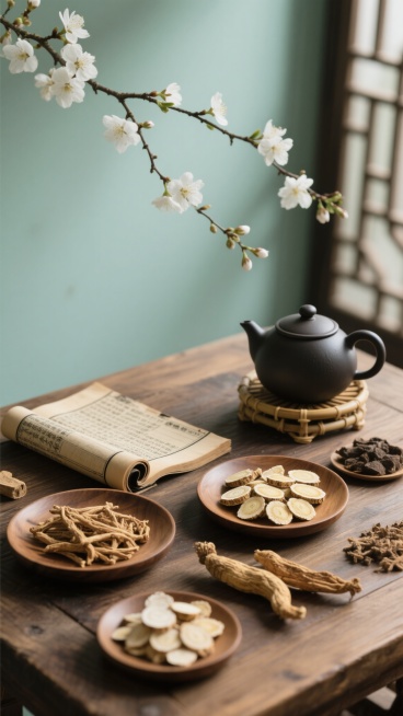 中药元素静物摄影，整体采用清新雅致的青绿色调，柔和的侧光营造出温暖细腻的光影效果，木质桌面上摆放着各种中药材，包括切段的党参、切片的黄芪、整根的天麻，旁边是打开的古旧医书、卷轴和空木盘，右侧黑色茶壶置于竹制底座上，背景中一枝白色花朵的树枝自然垂落，画面构图遵循三分法，物体质感清晰可见，氛围宁静古朴，具有传统中医药文化的韵味。预览效果