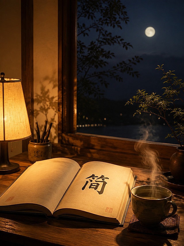 一本翻开的书旁边放着一杯冒着热气的茶，窗外是安静的夜色，有柔和的月光洒进来，书页上写着一个大大的'简'字，整体色调温暖宁静，治愈系插画风格，柔和的暖黄色灯光，木质桌面，静谧夜晚氛围，禅意简约美学