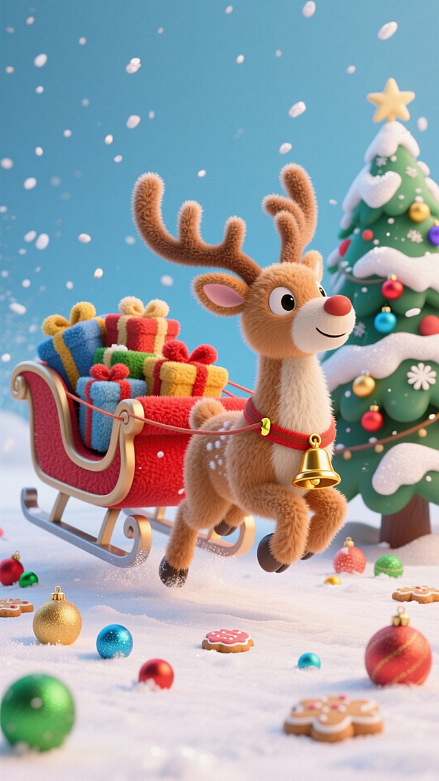 软3D风萌趣驯鹿拉雪橇，毛发生长质感细腻，梦幻雪景搭配喜庆礼物与圣诞树，温馨可爱，节日氛围浓厚。