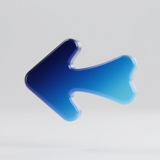 一个具有现代感的3D立体箭头图标，箭头朝左，呈现平滑的曲线造型，表面有细腻的光泽和渐变效果，采用深蓝色到浅蓝色的渐变配色，高光部分为亮白色，阴影过渡自然，整体悬浮在纯白色背景上，边缘清晰锐利，具有简洁的设计感和专业的视觉效果。预览效果