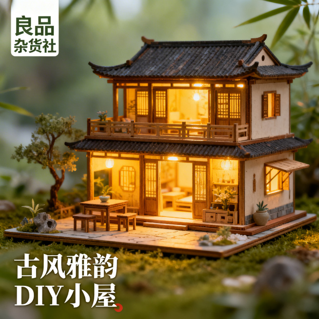 淘宝主图，古风DIY小屋，画面主体是精致的双层古风DIY小屋，暖黄色灯光营造温馨氛围，左上角标注“良品杂货社”，下方配文案“古风雅韵 DIY小屋”，风格清新自然，不夸张，突出产品精致感预览效果