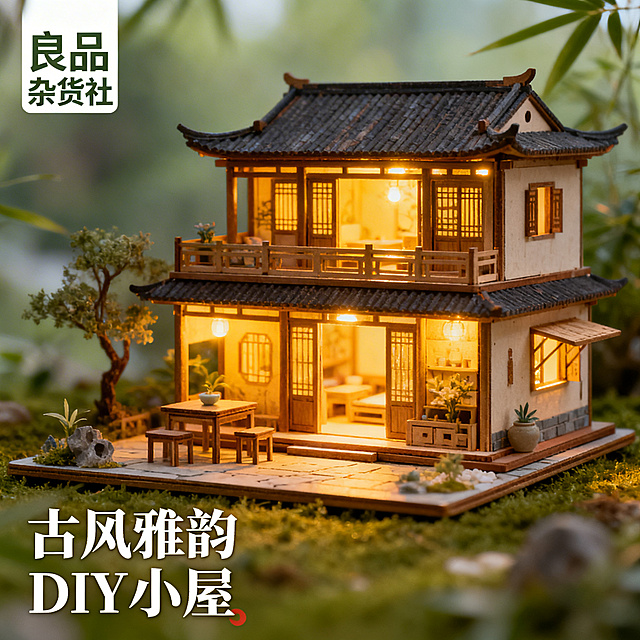 淘宝主图，古风DIY小屋，画面主体是精致的双层古风DIY小屋，暖黄色灯光营造温馨氛围，左上角标注“良品杂货社”，下方配文案“古风雅韵 DIY小屋”，风格清新自然，不夸张，突出产品精致感
