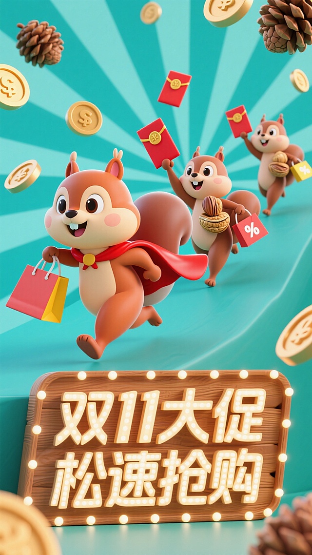 萌趣松鼠们携红包购物袋，开启双十一大促