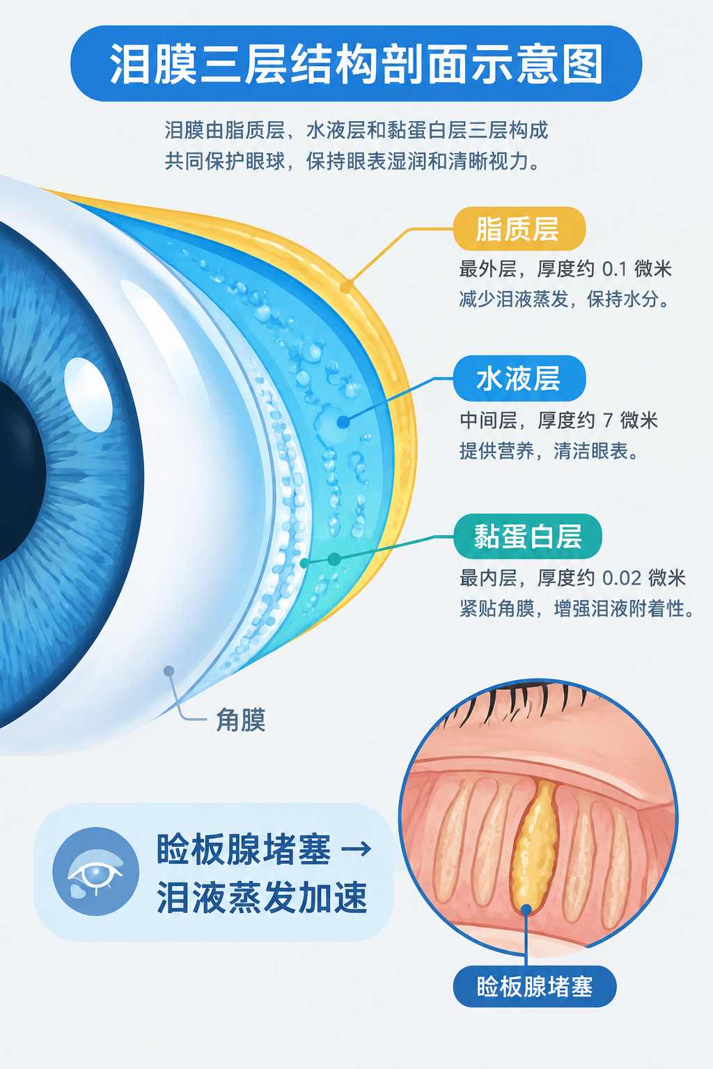 医疗科普信息图，泪膜三层结构剖面示意图。画面中央是眼球表面的横… - 图片创意预览