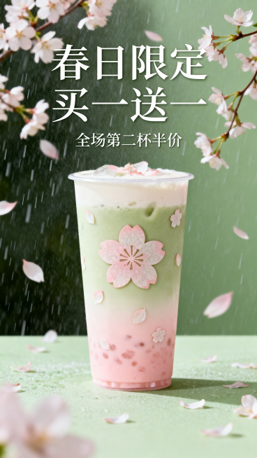 春日奶茶店促销海报，风格清新治愈，呈现温暖柔软治愈系的视觉氛围。主色调为淡绿色与浅粉色，色彩过渡自然柔和，营造清新透气的质感。画面融入飘落的樱花雨和樱花枝蔓装饰点缀，奶茶杯带有樱花形状图案，点缀花瓣细预览效果