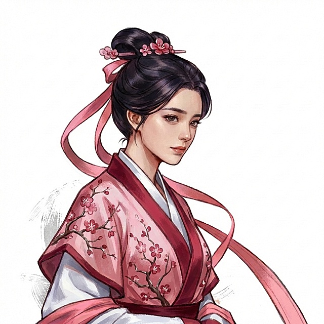 人物的五官和神情贴近女明星欧阳娜娜，衣服增加梅花的元素，衣服和发饰也是梅花的颜色