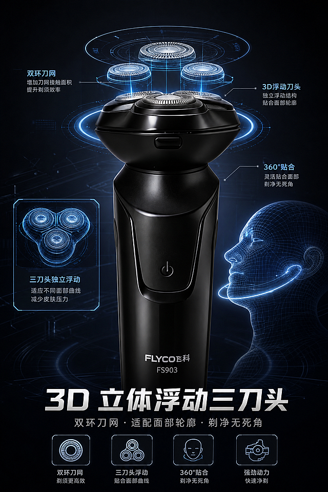 电商详情图，2:3 竖版，科技机能风，深灰色背景，搭配全息投影效果。画面中央为飞科 FS903 剃须刀刀头特写，叠加蓝色全息投影的刀头浮动结构示意图，清晰展示 3D 立体浮动原理，严格还原上传的产品图，包括包装设计、颜色、LOGO 位置、文字内容、图案元素等所有细节，产品外观必须与参考图完全一致，不得改变包装设计、配色方案或品牌元素，保持产品的真实材质质感（哑光 / 高光 / 磨砂 / 金属等）。主标题 "3D 立体浮动三刀头" 采用无衬线粗体科技字，白色字体；副标题 "双环刀网・适配面部轮廓・剃净无死角" 采用细体科技字，浅灰色。排版疏密对比，刀头特写置于画面上半部分，下方为文字说明与图标，搭配微弱的科技光效，强化卖点可视化。