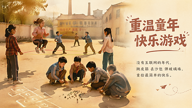 [第5屏] 怀旧童年游戏体验介绍。展示复古游戏场景。
[氛围/风格] 复古怀旧风，8090年代集体回忆氛围，暖调温馨质感。
[元素布局] 背景是老厂区操场空地，地面画出跳房子格子；前景孩子们分组玩跳橡皮筋、丢沙包、弹玻璃珠，欢声笑语氛围；右侧放置文字介绍区域，整体场景还原年代感，人物互动自然生动。
[光影质感] 下午暖金色斜阳光，地面拉出自然影子，整体温暖温馨，怀旧氛围浓郁。
[配色色系] 全局底色 #f5f2eb；主色操场土黄色，暖金色阳光；辅助色彩色橡皮筋，玻璃珠亮色块点缀。
[视角构图] 全景场景前置人物，文字居右，横向层次清晰，阅读动线场景→文字。
[文字版式] 左侧主标题「重温童年 快乐游戏」，右侧介绍：没有互联网的年代，跳皮筋丢沙包弹玻璃珠，重拾最简单的快乐，文字层级清晰，不遮挡主要人物场景。
[比例分辨率] 61:25 高级A+电脑端比例，4K分辨率，文字清晰可辨。
[负向提示词] 人物变形，场景模糊，文字错乱，水印，色彩过于暗沉