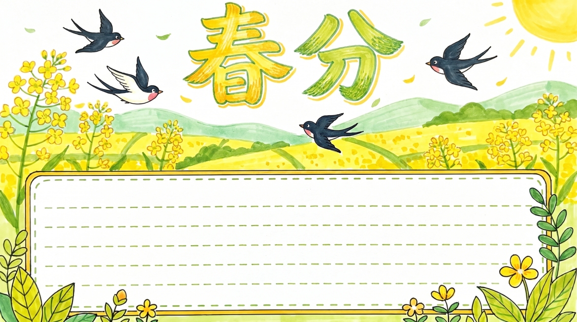 春分手抄报，A4横版，马克笔手绘风格，整体色调清新。画面绘制飞舞的燕子和漫山遍野的油菜花田，下半部分留大面积文字抄写区域，顶部艺术字标题写“春分”，马克笔笔触明显，配色以明黄浅绿为主，清新充满春日生机预览效果