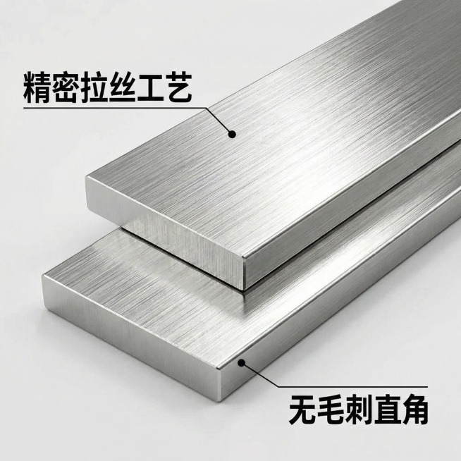 基于304L不锈钢扁钢原图，制作淘宝细节展示图，聚焦扁钢的拉丝纹理、边角细节、金属光泽，用特写镜头呈现，搭配文字标注"精密拉丝工艺""无毛刺直角"，背景简洁突出产品质感预览效果