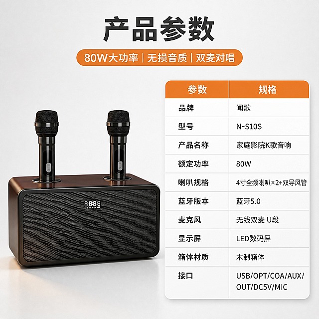 [主图-8] 规格参数/购买决策，展示完整产品参数，帮助用户快速决策。
[统一基调] 风格=国内数码家电专业品质风，科技感+温馨家居结合；标题字=思源黑体粗体厚重；正文字=思源黑体常规清晰；主色=深棕木纹+黑色；背景延展=浅灰白渐变背景，干净通透；强调色=暖橙色，用于表格标题栏高亮标签；标题色=深炭灰；正文色=中暖灰；组件=清晰参数表格、细线分隔、橙色表头；光影=均匀柔光，产品清晰。
[画面] 使用【图1】闻歌N-S10S家庭KTV音响正面图；保留产品原貌；产品正面位于左侧，占画面约35%；右侧为清晰的参数表格，橙色表头白色字，左右两列参数名和参数值；背景为浅灰到白色渐变，干净专业。
[光影质感] 商业摄影质感，产品清晰，表格干净，整体光线均匀。
[配色] 浅灰白背景，深棕产品，橙色表头，黑色文字，专业清晰。
[文字版式] 顶部主标题"产品参数"（深炭灰粗体大字）；参数表格内容：品牌-闻歌 型号-N-S10S 产品名称-家庭影院K歌音响 额定功率-80W 喇叭规格-4寸全频喇叭×2+双导风管 蓝牙版本-蓝牙5.0 麦克风-无线双麦 U段 显示屏-LED数码屏 箱体材质-木制箱体 接口-USB/OPT/COA/AUX/OUT/DC5V/MIC；所有文字横排，表格清晰手机端可读。
[输出要求] 比例1:1正方形 2K，文字清晰可读，避免产品变形错字、参数缺失、表格模糊、冷蓝背景、纯白底孤立。