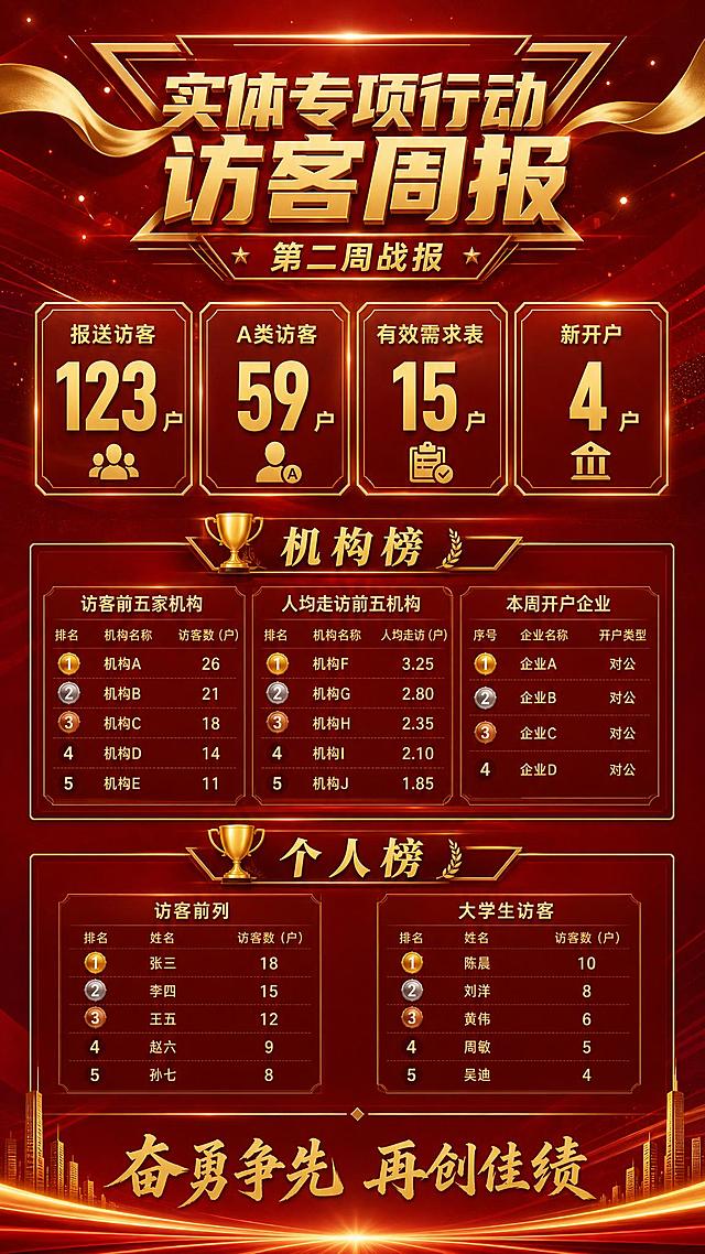 一张商务风红金色战报海报，竖版长幅2:5比例，高端大气的企业内部战报风格。背景为深红色渐变，点缀金色光效线条和几何装饰元素，整体庄重大气，信息分区清晰，留有充足空间展示完整榜单内容。

画面顶部为大标题区，金色立体字主标题："实体专项行动访客周报"，下方副标题："第二周战报"，顶部装饰金色飘带或几何边框。

标题下方为核心数据区，四个金色数据卡片横向排列，分别显示：
"报送访客 123户"、"A类访客 59户"、"有效需求表 15户"、"新开户 4户"，数字用大号金色字体突出，配金色边框。

往下为【机构榜】大板块，金色标题栏配奖杯图标，内部分三个子板块：
1. 访客前5家机构：南山支行、营业部、公司六部、罗湖支行、公司七部（带排名序号1-5）
2. 人均走访前5机构：龙华支行、公司二部、公司七部、公司四部、南山支行、公司五部（带排名序号）
3. 本周开户企业：深圳市优博讯科技股份有限公司、深圳市金昱鸿德实业有限公司、深圳市泰坦国际发展科技有限公司、深圳市艾格斯特科技有限公司（每家企业一行）

再往下为【个人榜】大板块，金色标题栏配奖章图标，内部分两个子板块：
1. 访客前列：龙华支行 赵子闻、公司六部 周柏聪（带排名序号1-2）
2. 大学生访客：公司六部 刘信达、罗湖支行 谭君颖、坂田支行 邹媛媛（带排名序号1-3）

底部装饰金色分割线和"奋勇争先 再创佳绩"短句，整体留足安全边距。

整体配色：深红底色+金色文字+少量白色辅助文字，版式精美，信息分区清晰，层级分明，商务正式风格，2K超高清画质。

画面中所有数字必须精确渲染，不得错位、遗漏或编造。画面中所有信息区域必须填充完整合理的内容，不得出现空白框、空白占位、空列表项。画面中所有二维码区域使用纯色方块占位符呈现，方块中央标注"二维码占位"文字，严禁生成任何可识别的二维码图案。