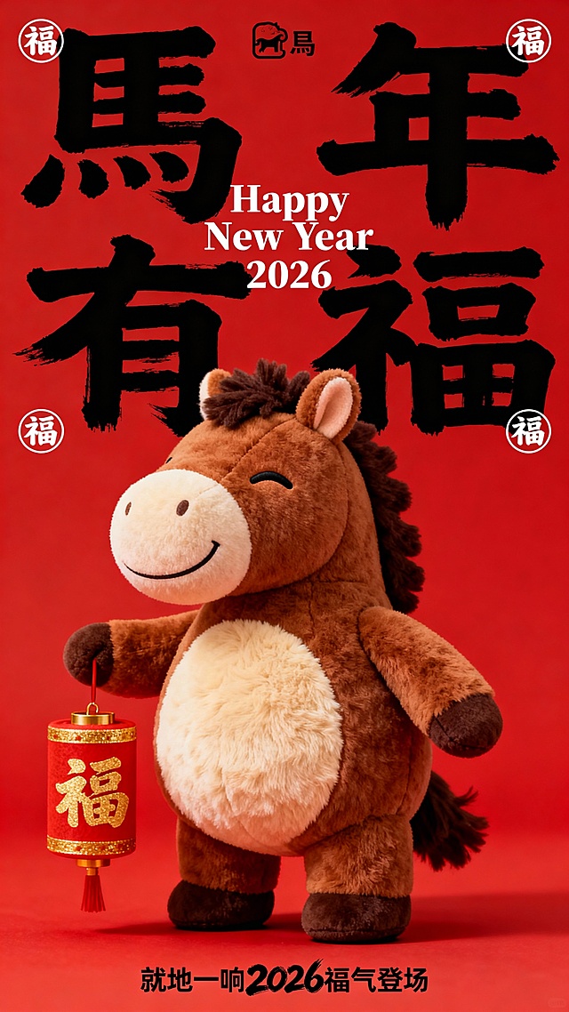 国潮风软3D卡通马手持灯笼，毛发生长质感细腻，红底黑字喜庆十足，传递2026马年有福的可爱节日氛围。