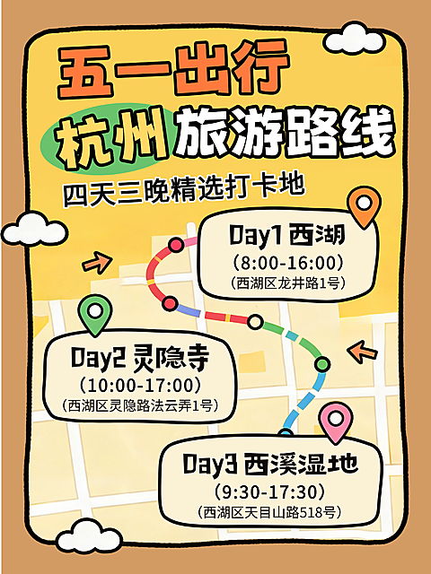 黄色卡通趣味五一出行旅游路线推荐杭州打卡经验分享小红书封面