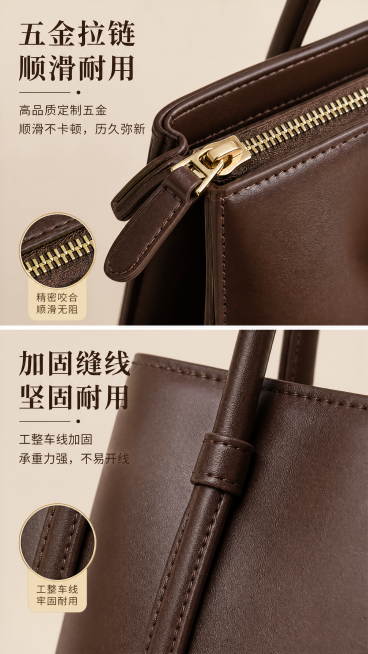 [第4屏] 棕色真皮女包细节工艺特写，上下分块展示五金拉链和加固缝线细节，保持原有材质颜色，突出金属光泽和缝线质感，9:16竖版4K，文字清晰标注卖点预览效果